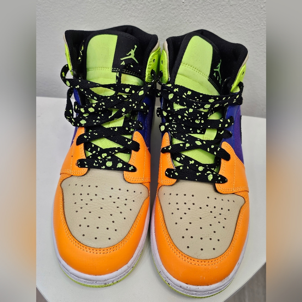 Jordan 1 Mid SE "Volt/Black/Vivid Orange" Grade School Kids' Shoe